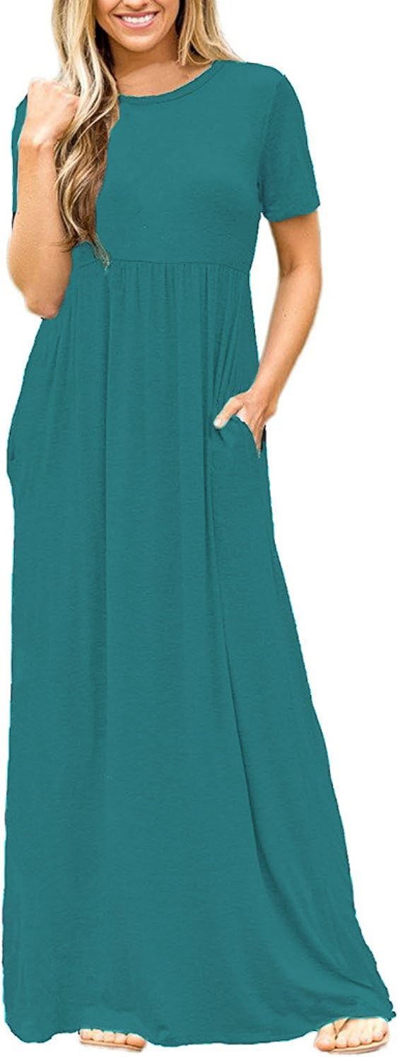 DEARCASE Maxi Dress for Women Short Sleeve Casual Summer Loose Plain Comfy Long Dresses with Pockets