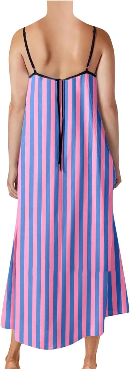 Women's Colorblock Stripe Sleeveless Dress Spaghetti Strap Loose Fit Sling Dresses Summer Mid Calf Length Dress