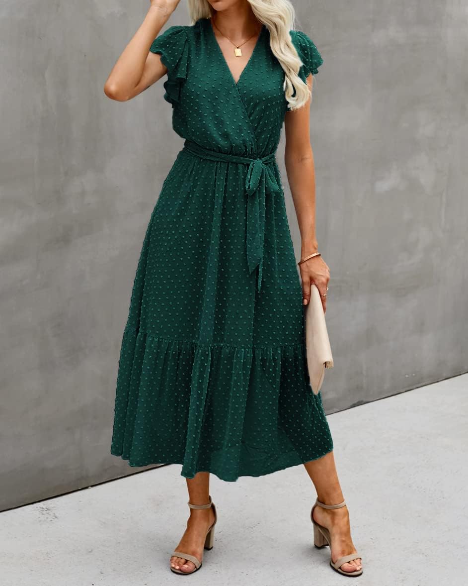 BTFBM Women Summer Bohemian Floral Casual Wrap V Neck Ruffle Cap Sleeveless Belt A-Line Pleated Hem Midi Sun Dress White
