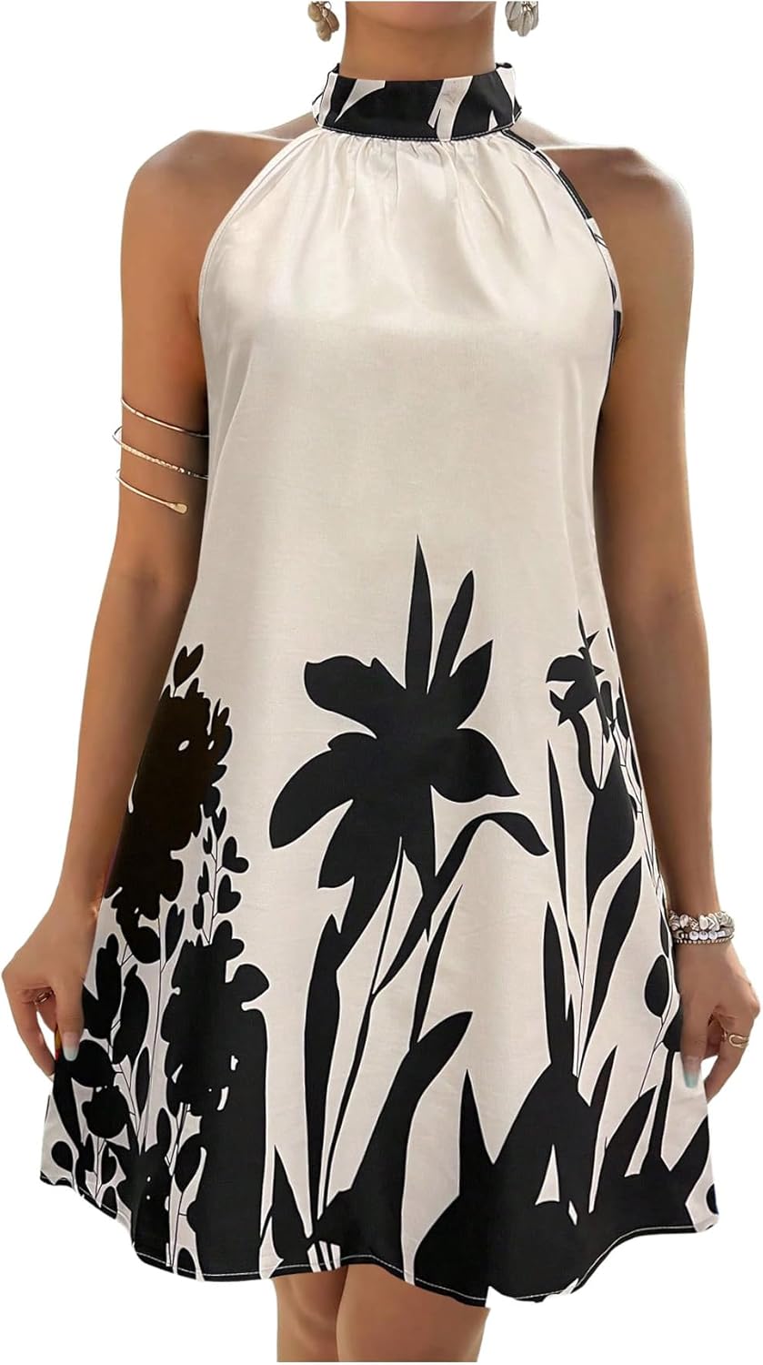 Floerns Women's Geo Print Halter A Line Dress Sleeveless Vacation Short Dresses