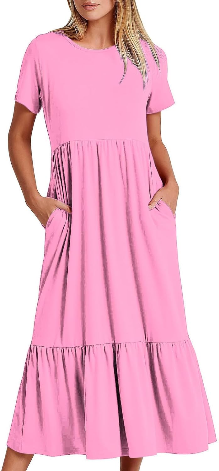 XUNRYAN Summer Dresses for Women 2024 Casual Calf Length Maxi Dress Pleated Flowy Tiered Swing Beach Sundress with Pockets