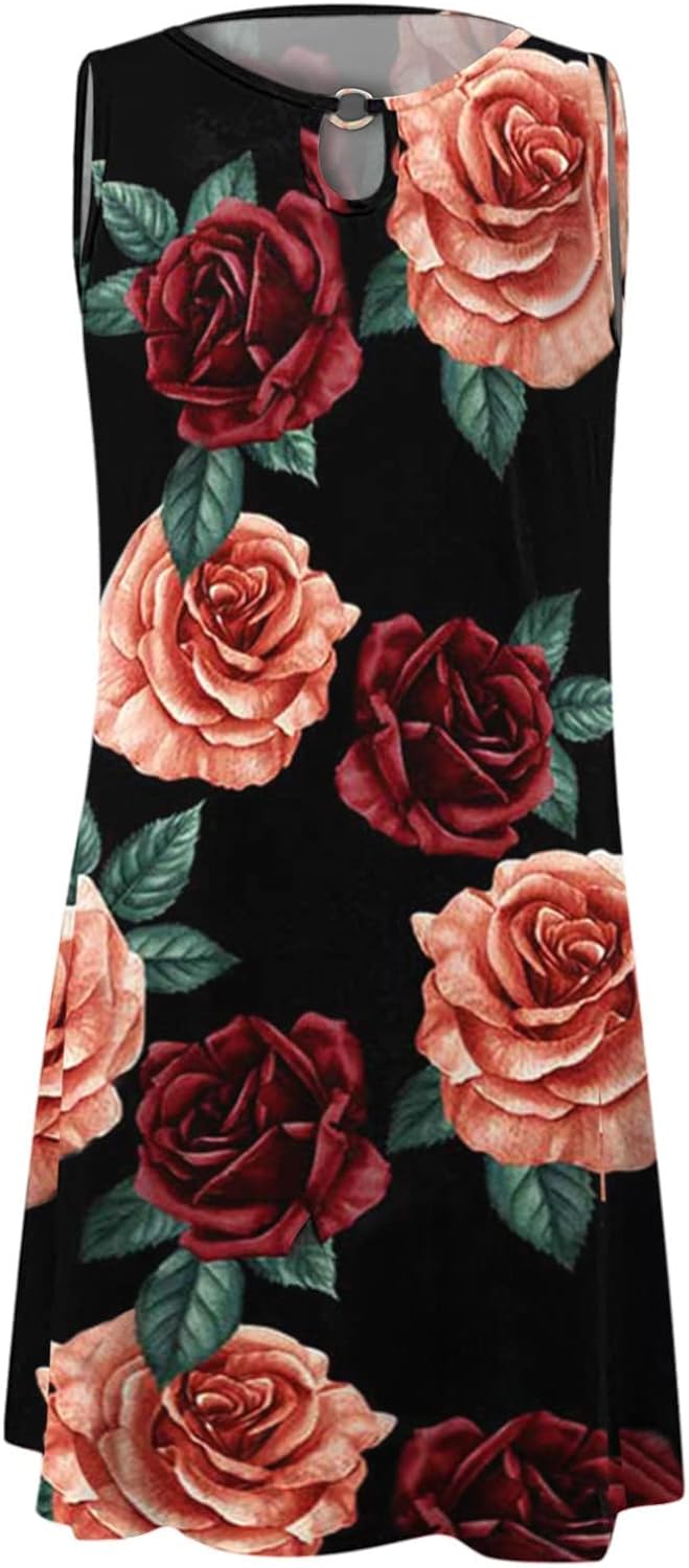 Summer Dresses for Women 2024 Casual Sleeveless Tank Dress Vintage Floral Print a-Line Beach Sundresses