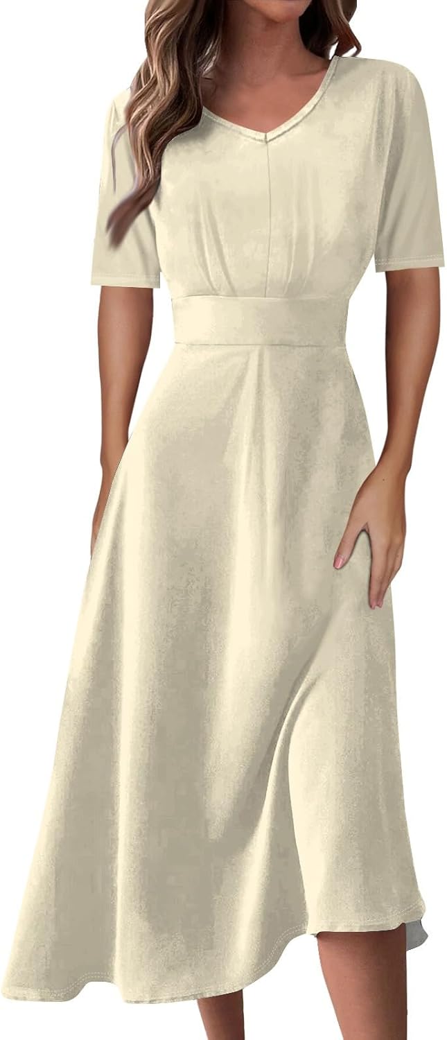 Women's Summer Elegant Cocktail Dress Solid Color Swing V-Neck Party Gown Dresses, S-2XL