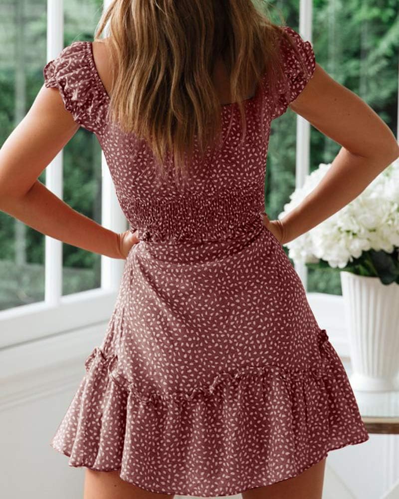 YOBECHO Women's Summer Ruffle Sleeve Sweetheart Neckline Printing Dress Mini Dress