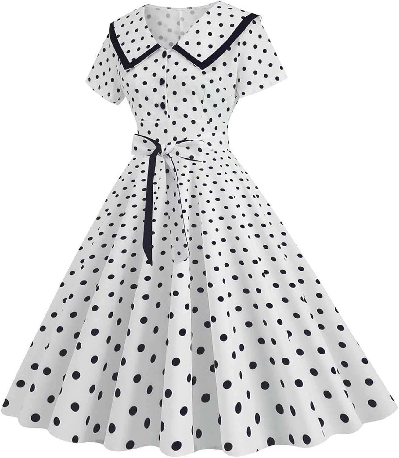 Women's Lapel Rockabilly Dress Cute Polka Dot Print Audrey Dress Button Down Vintage Cocktail Dress 1950s Fairy Dress