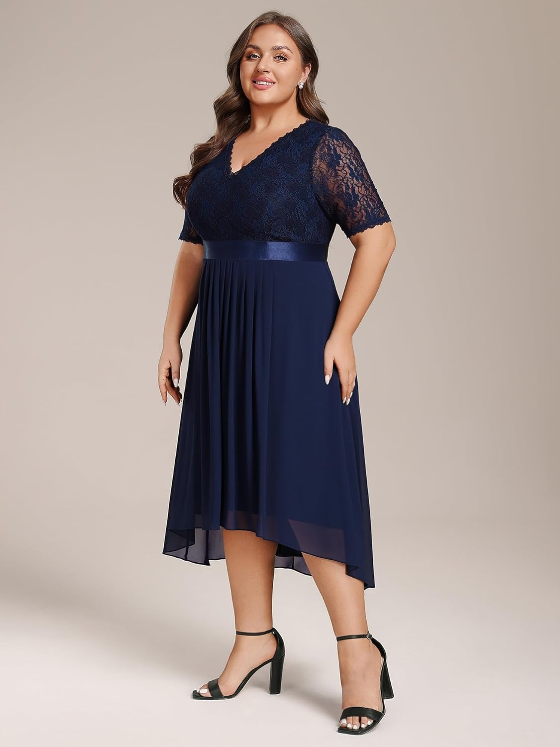 Ever-Pretty Women's V Neck Pleated A Line Lace Chiffon Half Sleeves Midi Plus Size Cocktail Wedding Guest Dresses