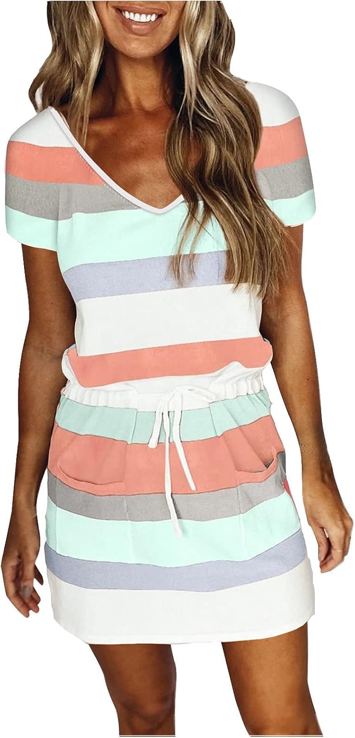 Women Summer Casual Striped Dress Drawstring Waist Tie Knot Mini Dresses Short Sleeve V Neck Tank Dress with Pocket