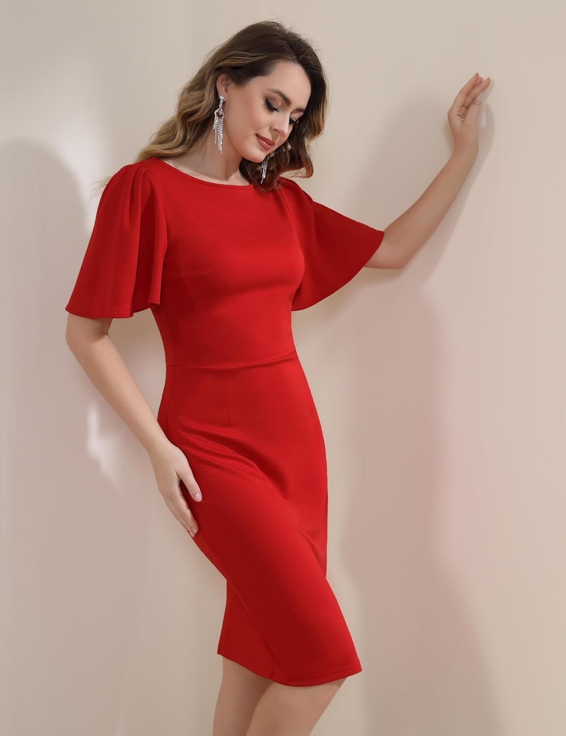 Aphratti Women's Short Sleeve Work Sheath Midi Dress Elegant Fitted Cocktail Party Church Funeral Outfit