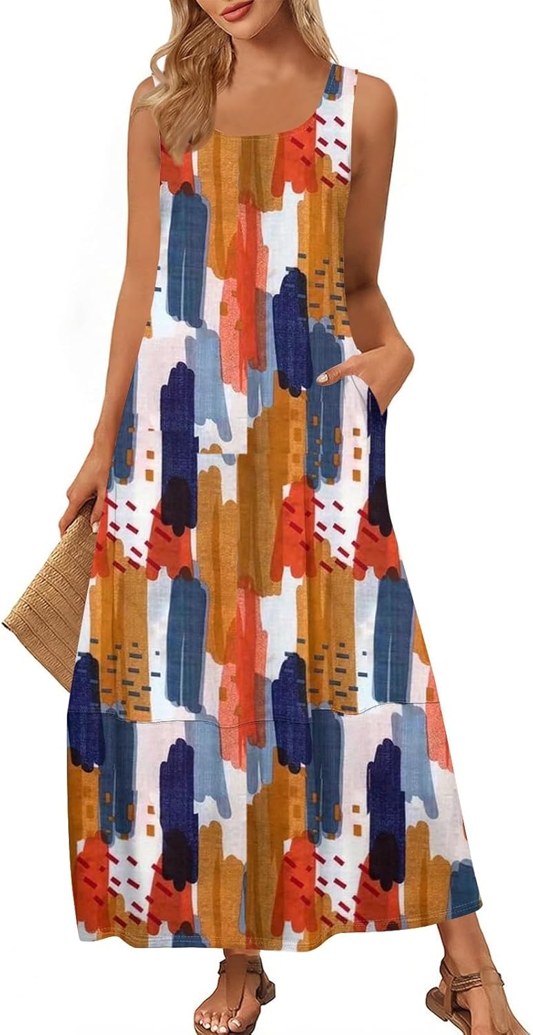 Womens Summer Tank Dress Vacation Boho Floral Long Dresses with Pockets Resort Wear Swing Beach Sleeveless Sundress