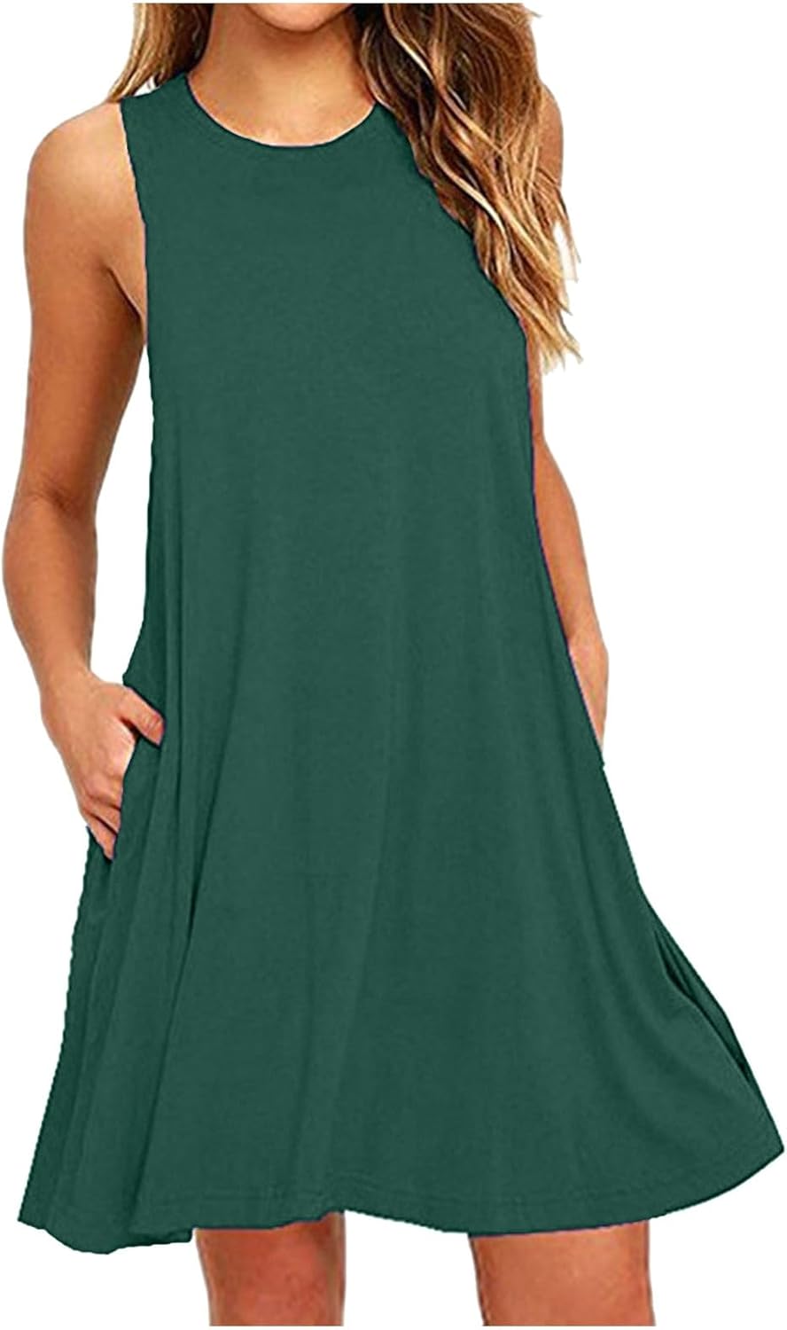 Womens 2025 Boho Beach Dresses Flowy Sleeveless Midi Wedding Dress Cute Crew Neck Summer Tank Sundress with Pockets