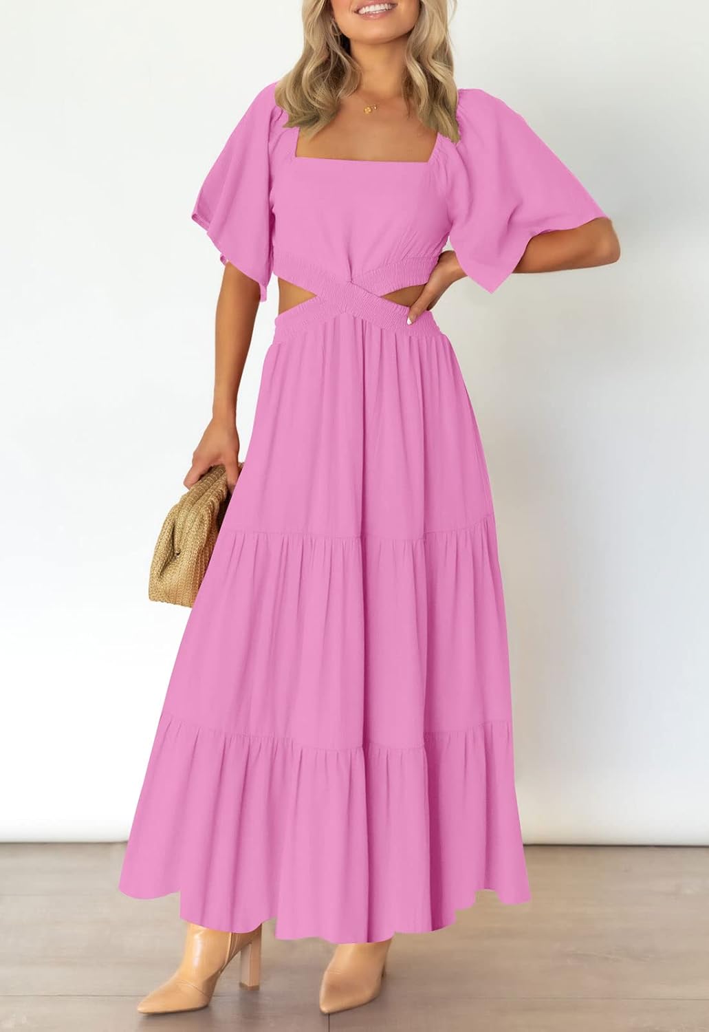 LEANI Women's 2025 Summer Cutout Maxi Dress Square Neck Short Sleeve Crossover Waist Casual Party Dresses