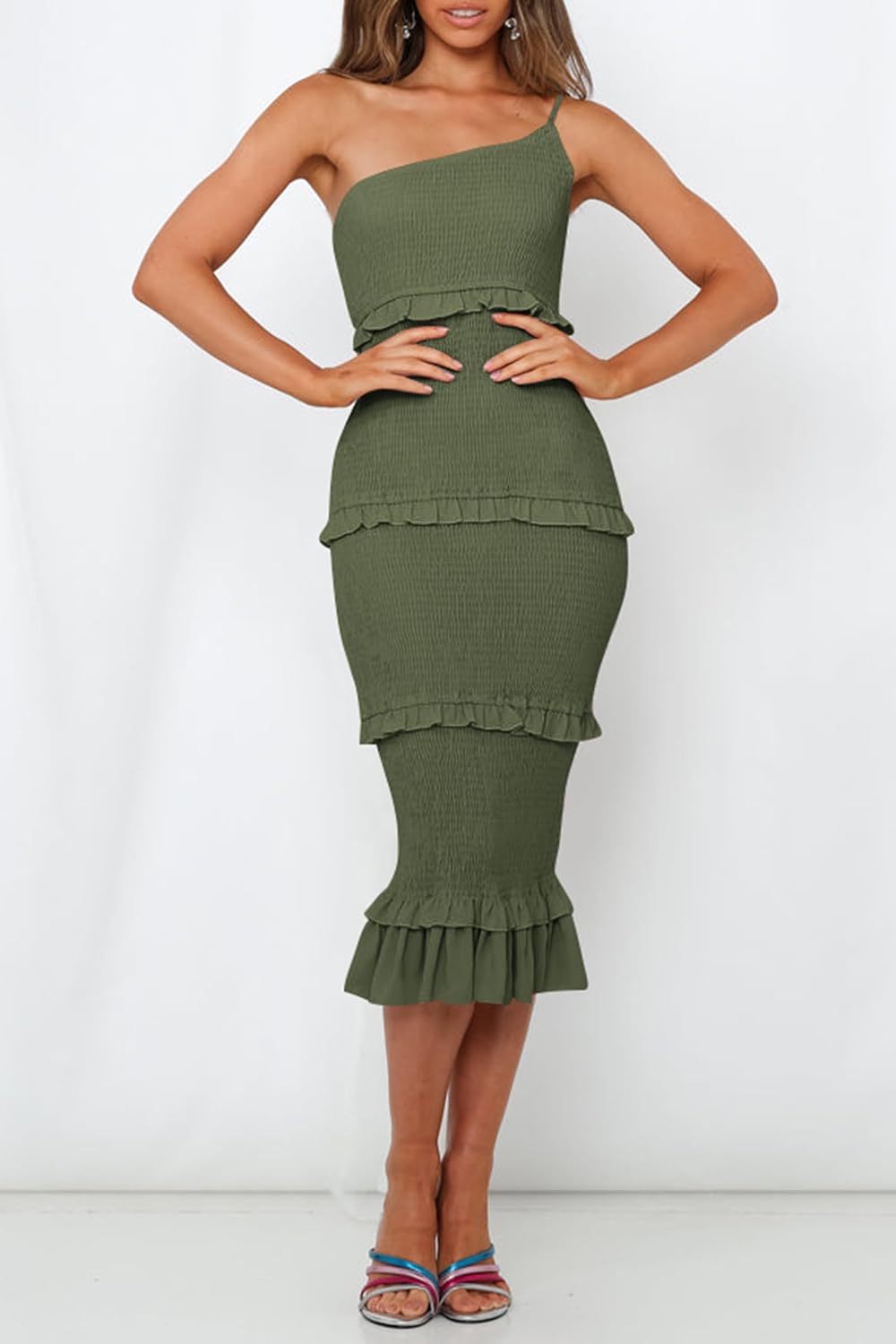 PRETTYGARDEN Women's Summer Midi Bodycon Dresses One Shoulder Strappy Tiered Ruffle Floral Boho Sun Dress