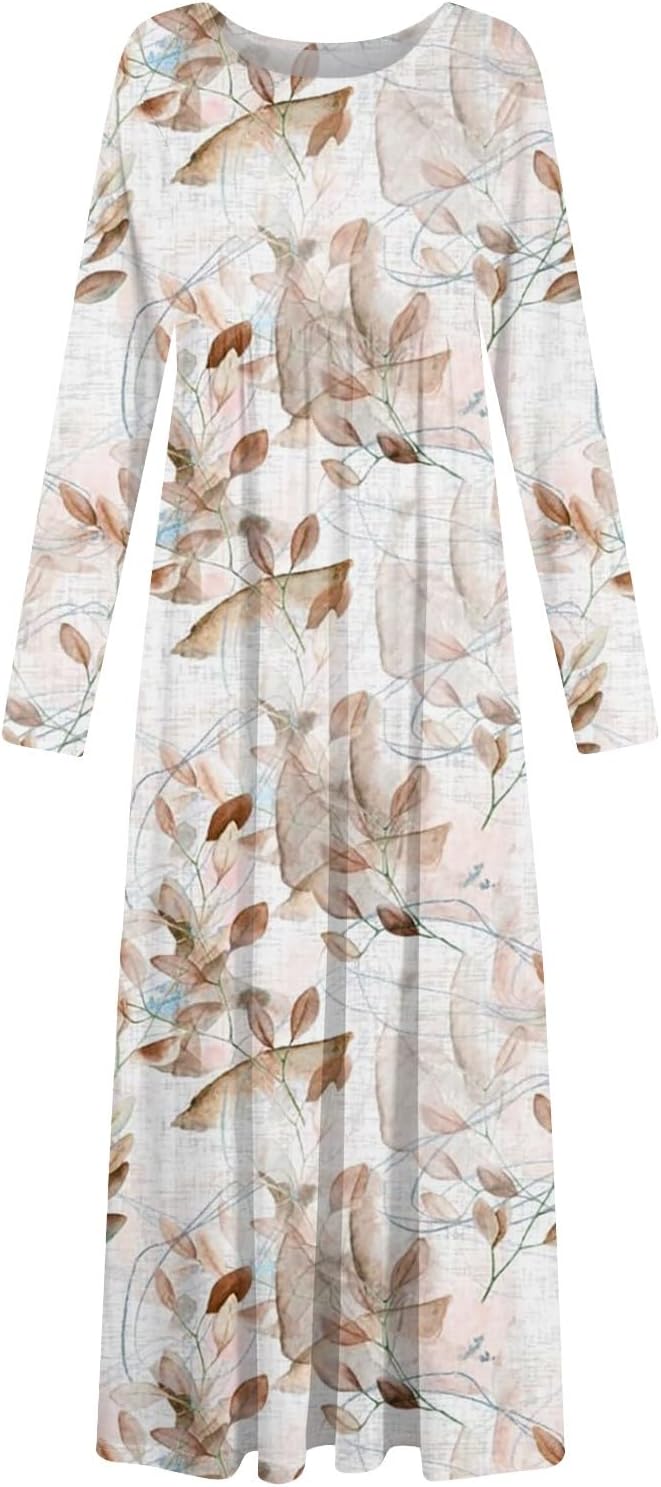 Long Sleeve Maxi Dress for Women Elegant Crew Neck Flowy Swing Dresses Solid Color Wedding Guest Dresses