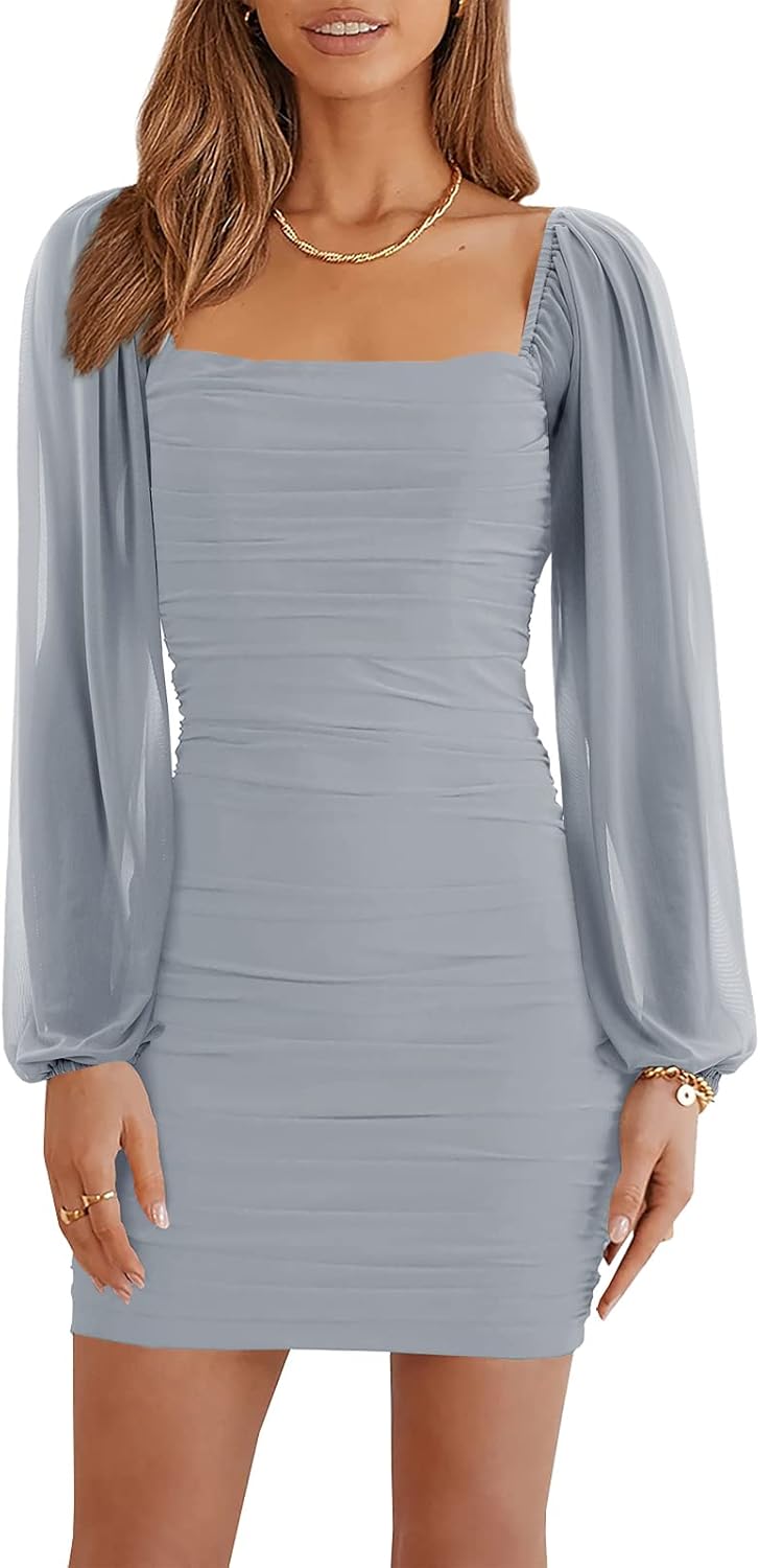 Wenrine Women's Mesh Long Sleeve Square Neck Ruched Party Club Cocktail Bodycon Mini Dress
