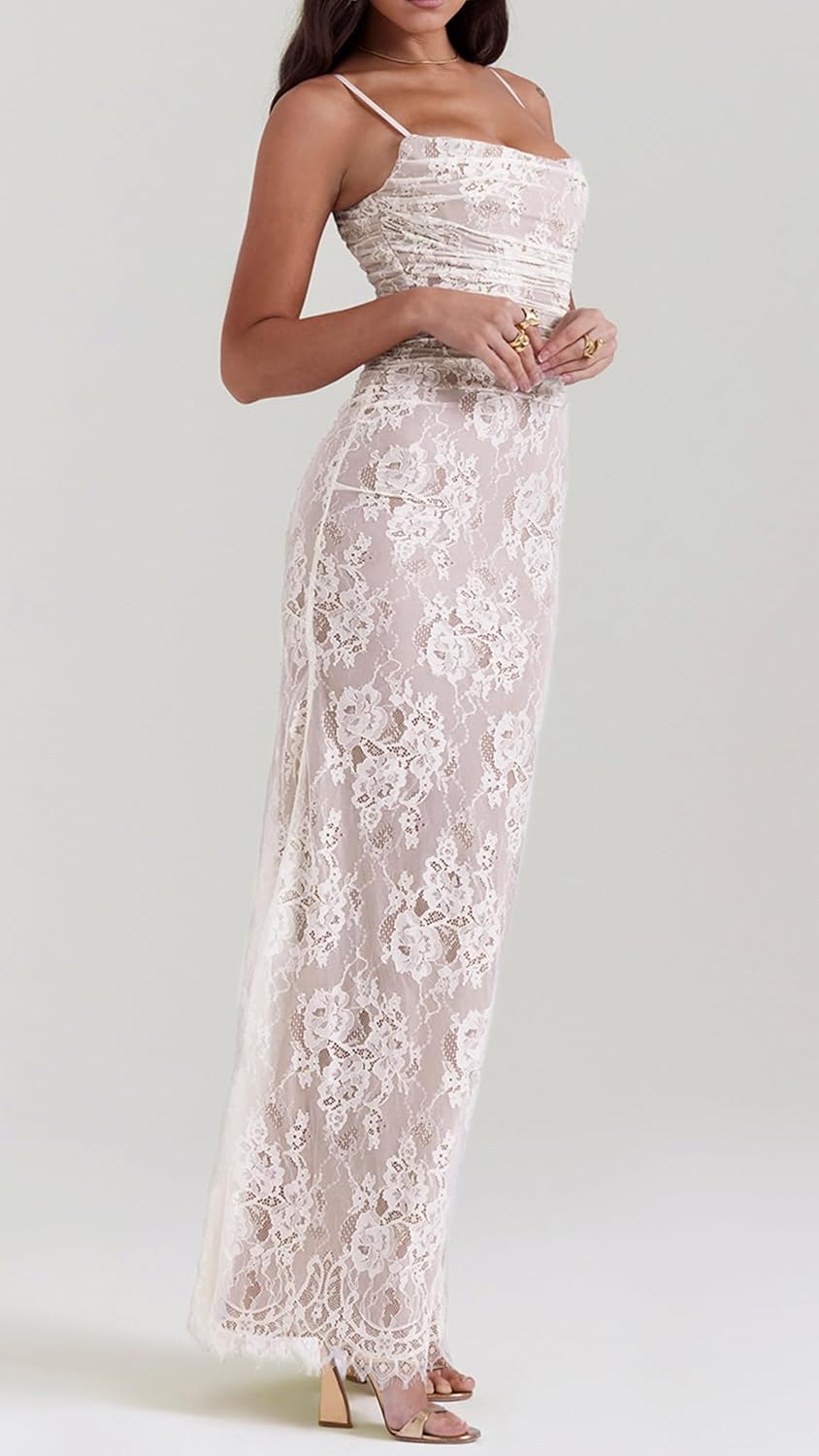 Women Vintage Cream Lace Maxi Dress Romantic Long Sleevees Lace Bodycon Dress