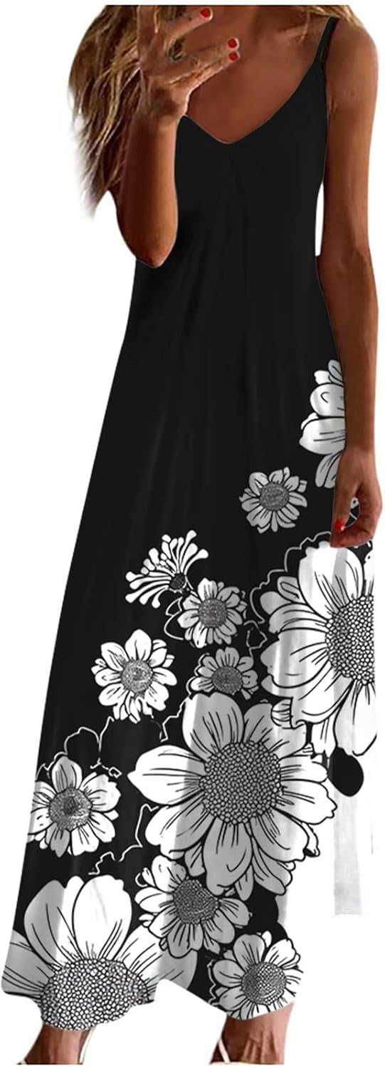 Womens Floral Maxi Dresses Spaghetti Strap Casual Summer Long Dress Vneck Flowy Boho Beach Sundress Vacation Outfits