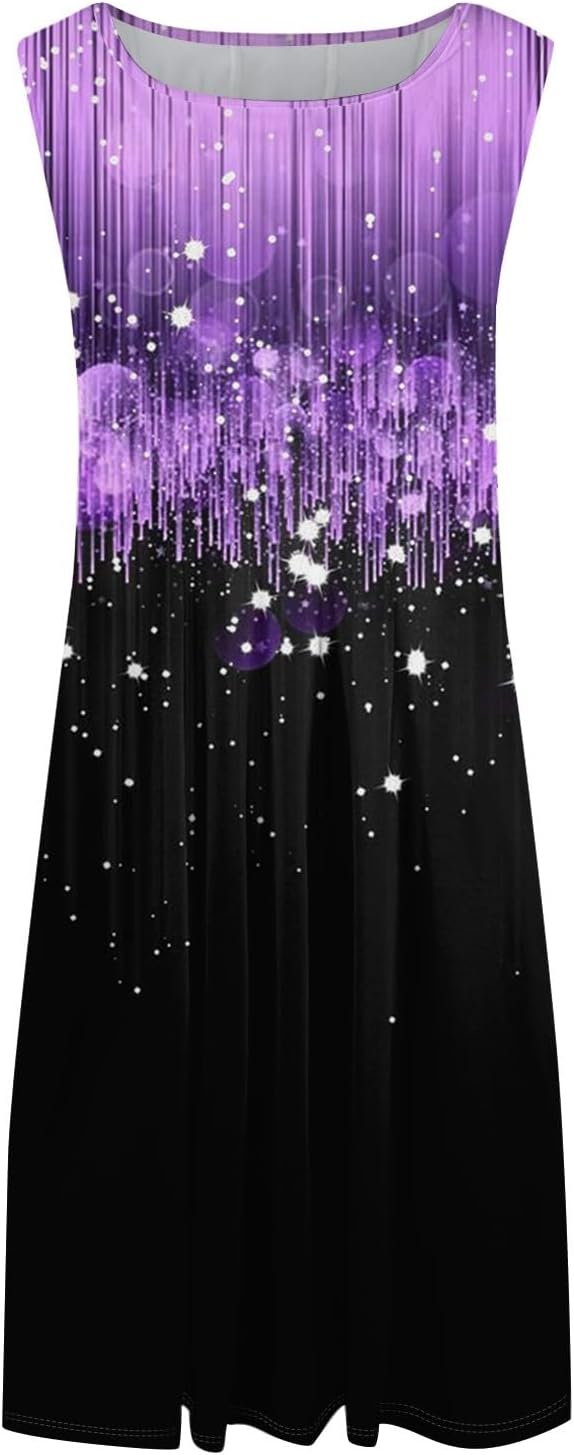 Womens Tank Sundress 2025 Casual Floral Print Tshirt Dress Swing Sleeveless Midi Dress Crewneck Pleated Summer Dresses