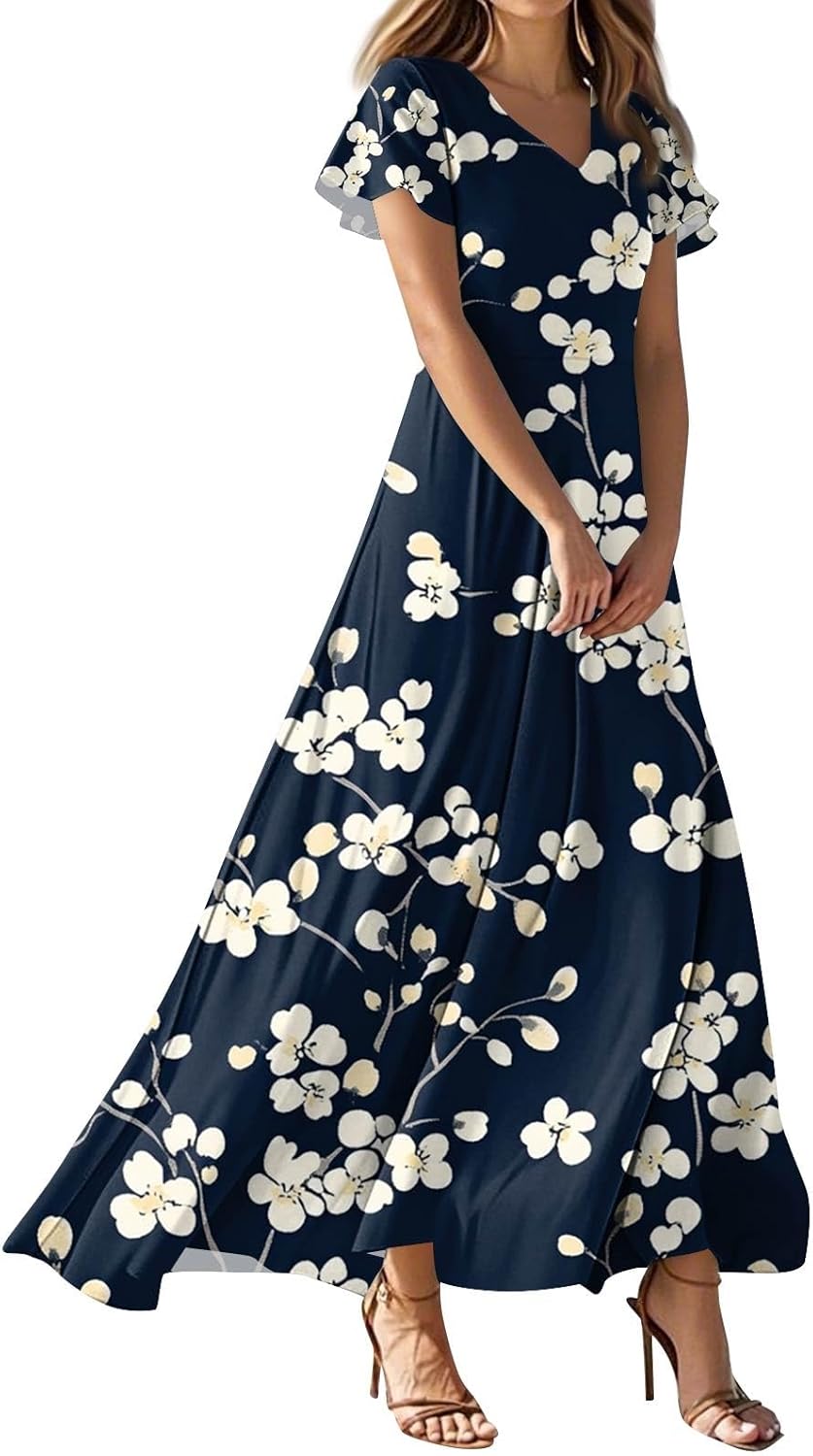Womens Fashion V Neck Ruffle Short Sleeve Maxi Dress 2025 Summer Elegant Solid Color Flowy A Line Dresses