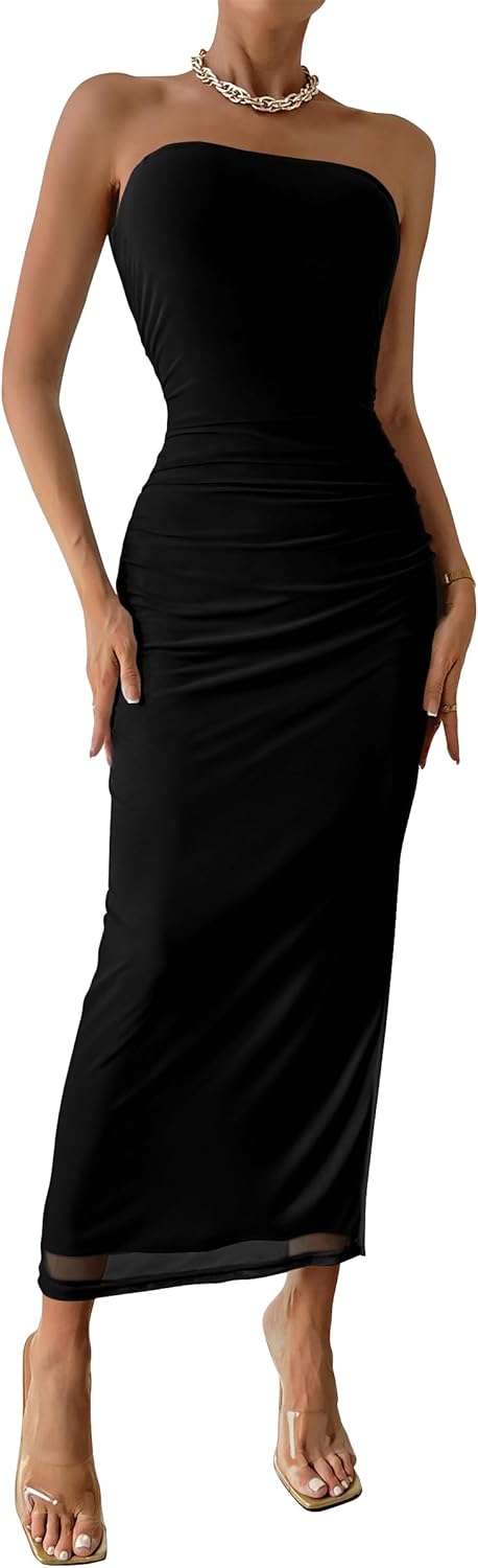 PRETTYGARDEN Women's Summer Maxi Bodycon Dresses Strapless Tube Top Printed Long Party Club Slit Dress