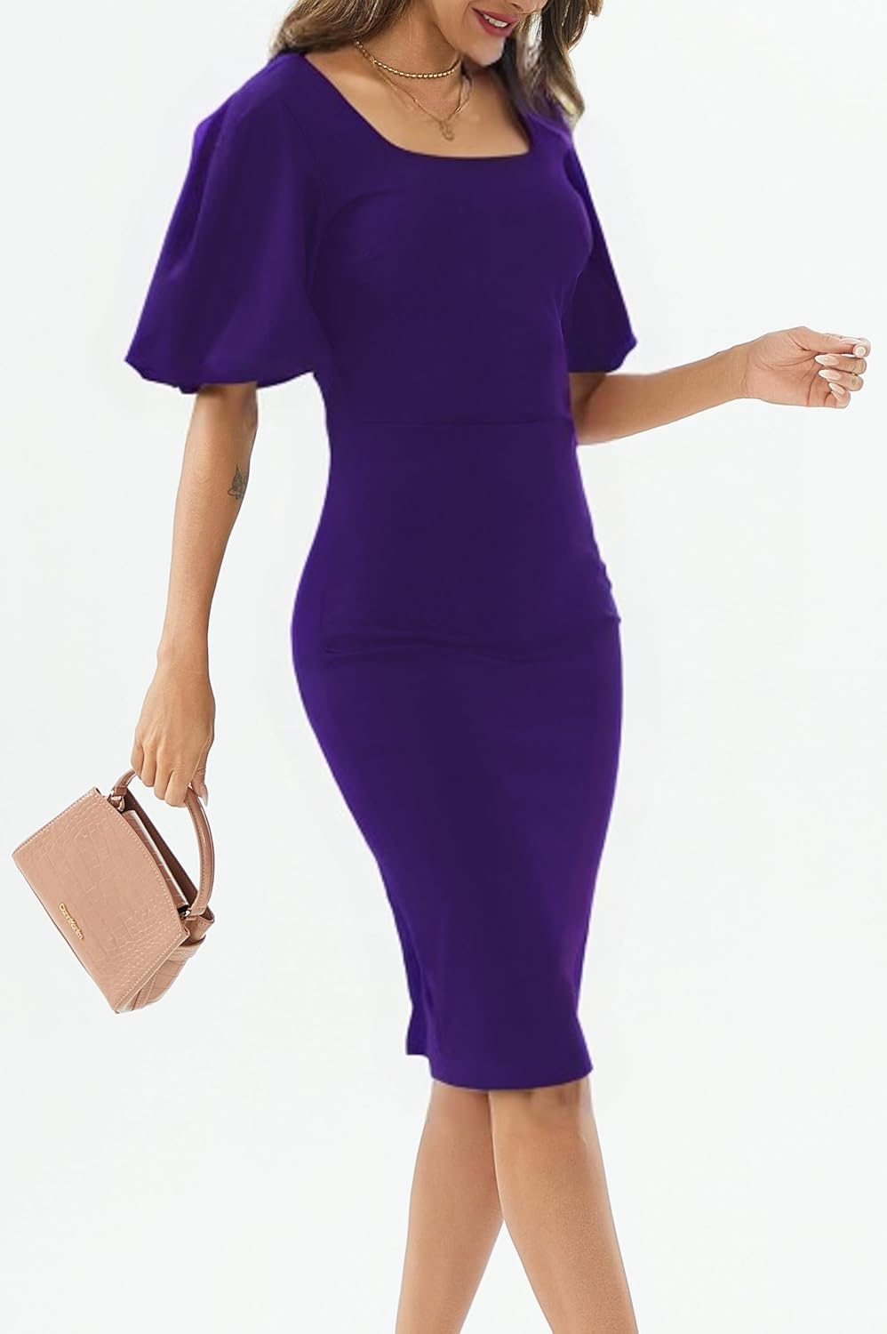 Womens Summer Dresses Square Neck Lantern Sleeve Bodycon Pencil Midi Dress