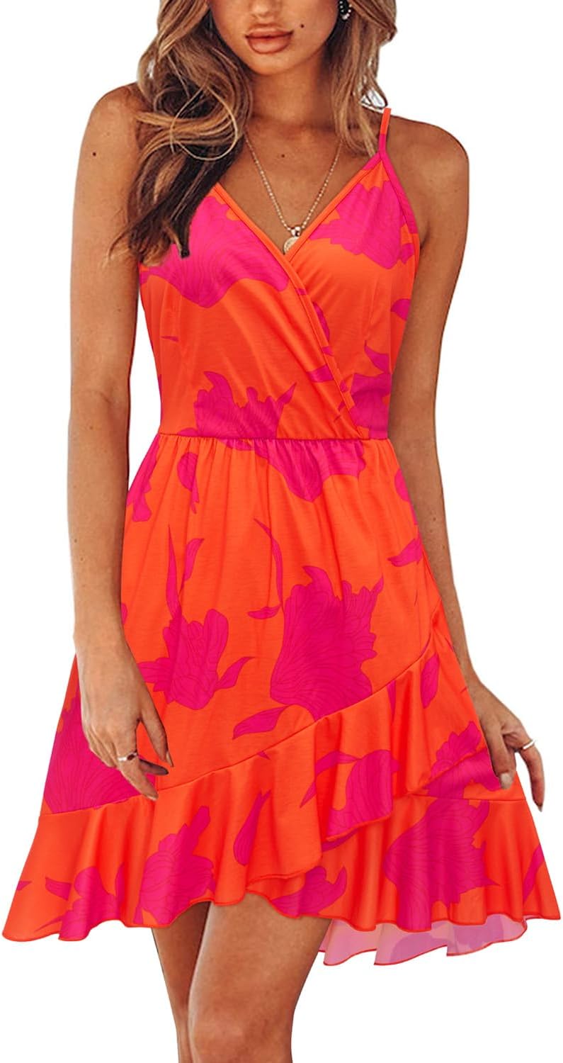 ULTRANICE Womens Summer Dresses Floral V Neck Ruffled Hem Spaghetti Spring Casual Beach Outfits Flowy Wrap Sun Dress