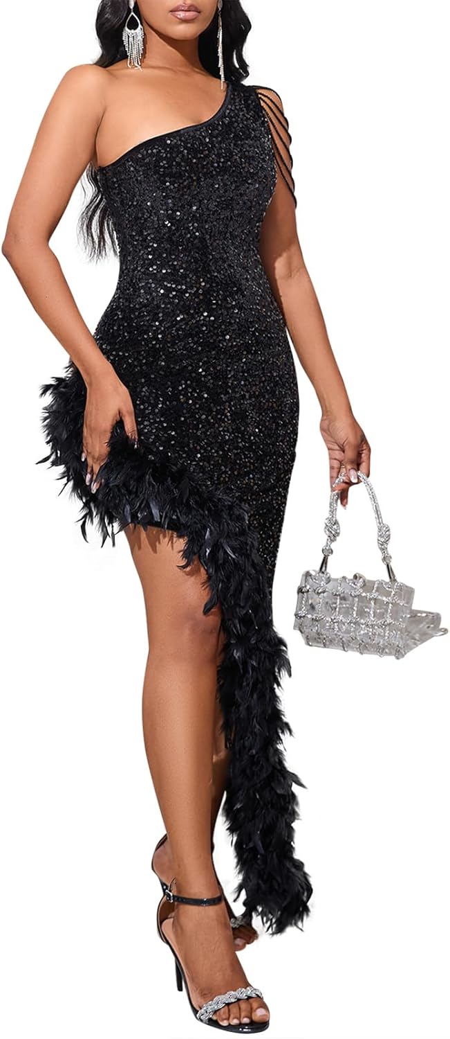 Cololura Women Sequin Elegant Sexy Tassels One Shoulder Mermaid Bodycon Cocktail Evening Midi Party Formal Dress