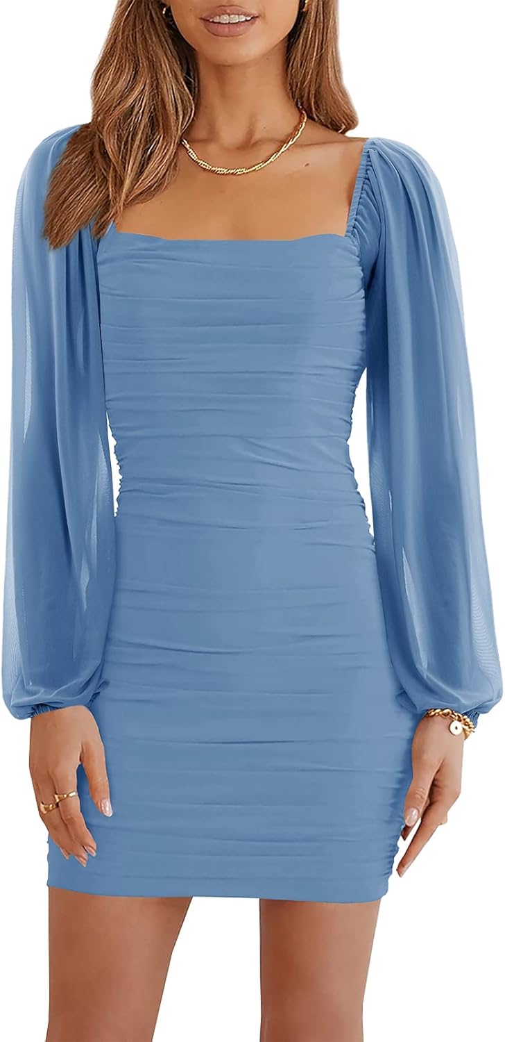 Wenrine Women's Mesh Long Sleeve Square Neck Ruched Party Club Cocktail Bodycon Mini Dress