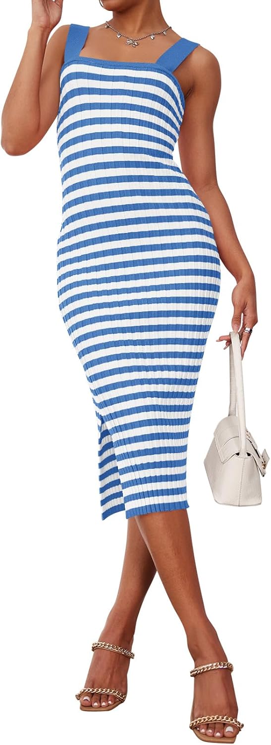 MEROKEETY Women's 2025 Summer Spring Bodycon Midi Dress Vacation Sleeveless Ribbed Knit Striped Party Sweater Dresses
