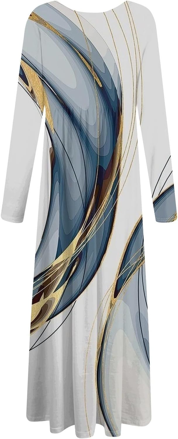 Long Sleeve Maxi Dress for Women Elegant Crew Neck Flowy Swing Dresses Solid Color Wedding Guest Dresses