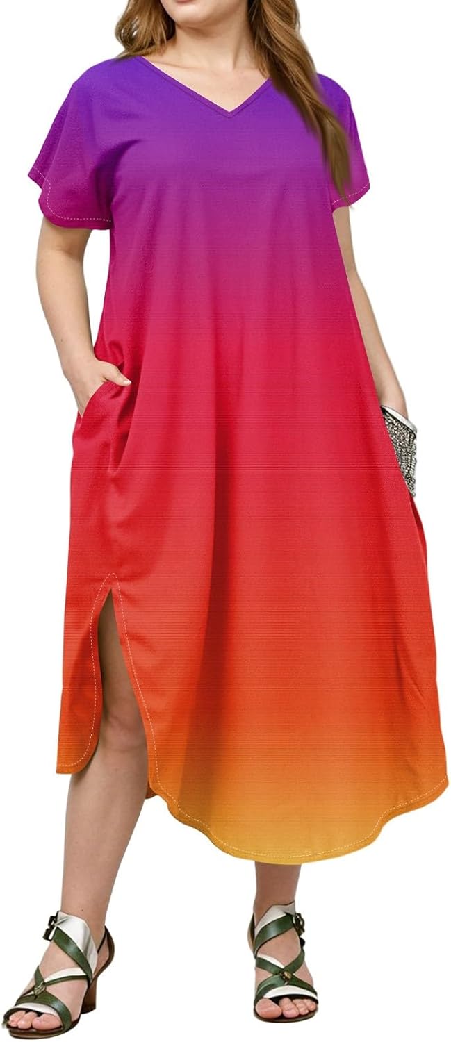 Maxi Dresses for Women 2025 Plus Size Tie Dye V Neck Dress Short Sleeve Side Split Beach Summer Sundress with Pocket