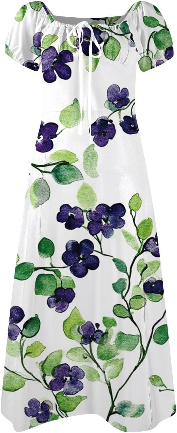 Women's Sundresses 2025 Summer Casual Loose Trendy Bubble Sleeve Square Neck Split Bow Floral Print Dress Plus Size, XS-3XL