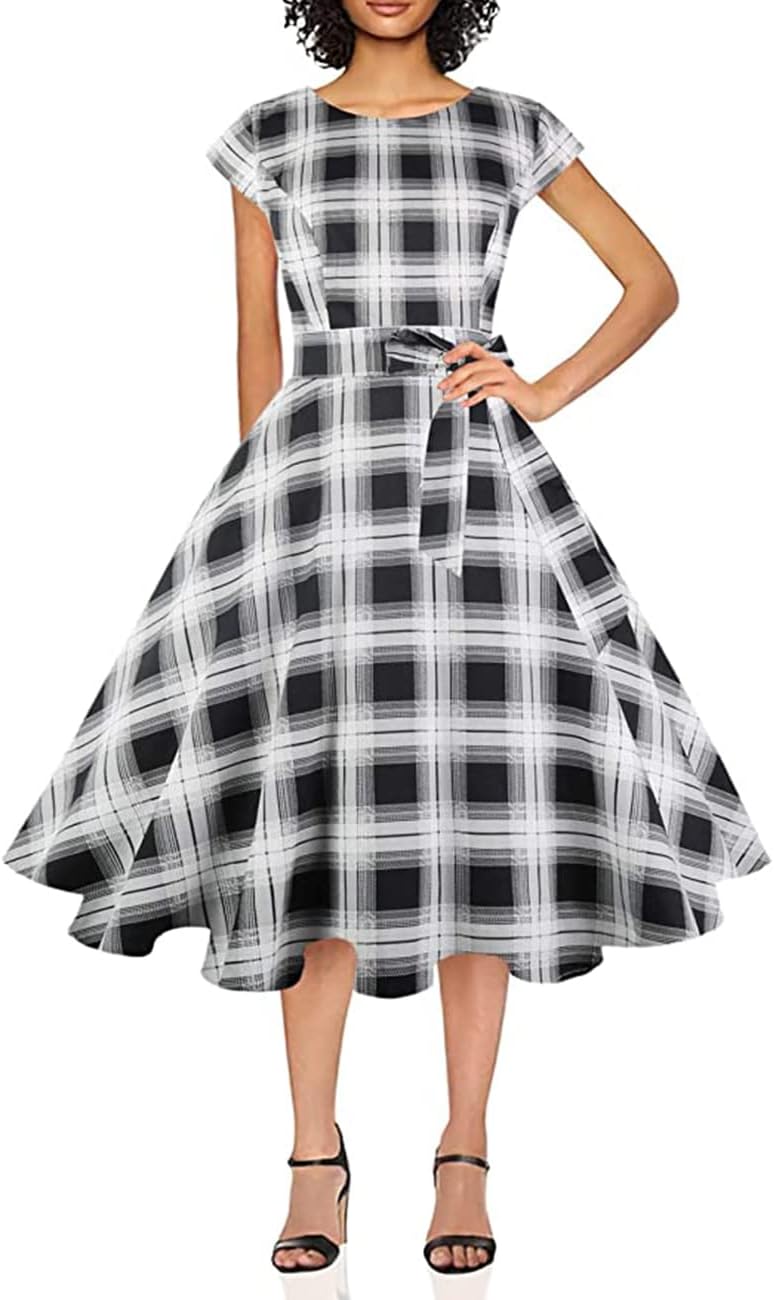 PUKAVT Women's 1950 Boatneck Cap Sleeve Vintage Swing Cocktail Party Dress with Pockets