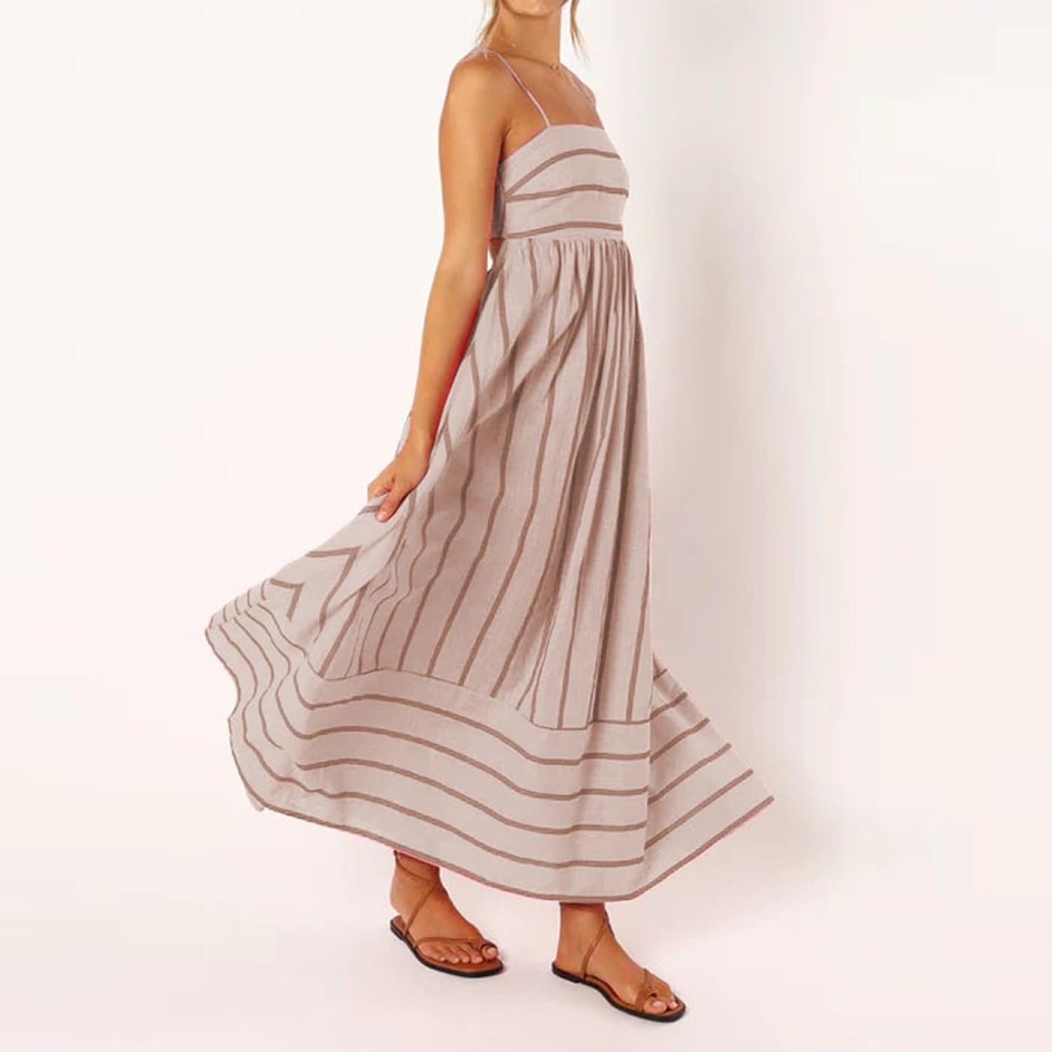 Beach Dresses for Women Summer Striped Back Smocked Maxi Dress Spaghetti Strap Cut Out Flowy A Line Long Sundresses
