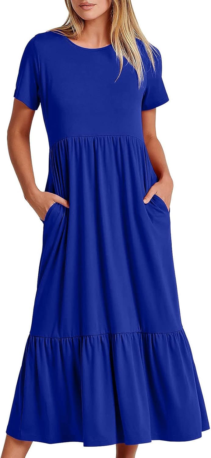XUNRYAN Summer Dresses for Women 2024 Casual Calf Length Maxi Dress Pleated Flowy Tiered Swing Beach Sundress with Pockets