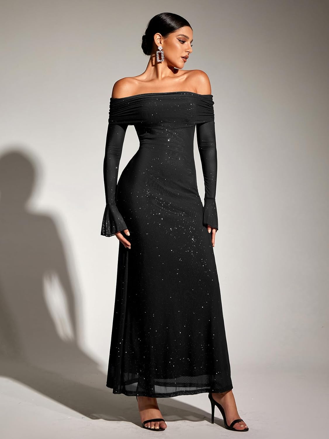 KUTUMAI Women Off Shoulder Bodycon Maxi Dress Long Sleeve Mesh Ruched Party Formal Wedding Guest Dresses