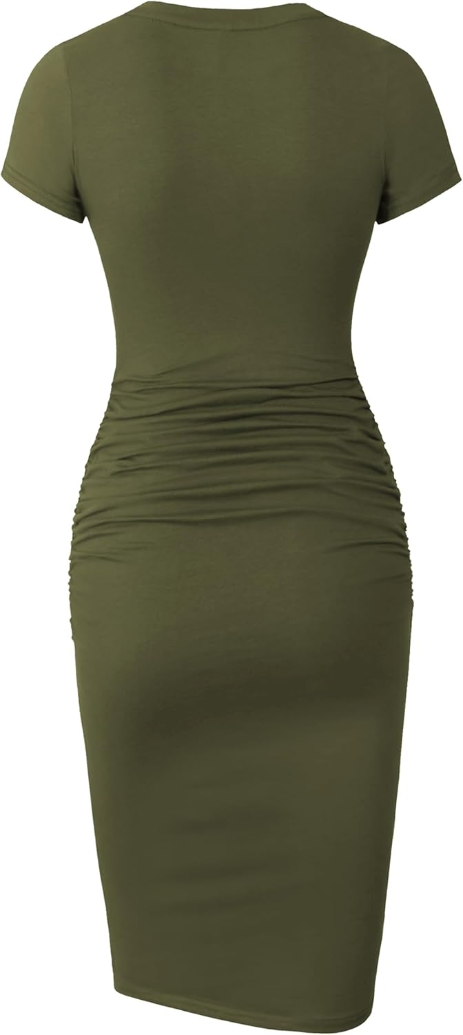 Missufe Women's Short Sleeve Ruched Casual Sundress Midi Bodycon T Shirt Dress