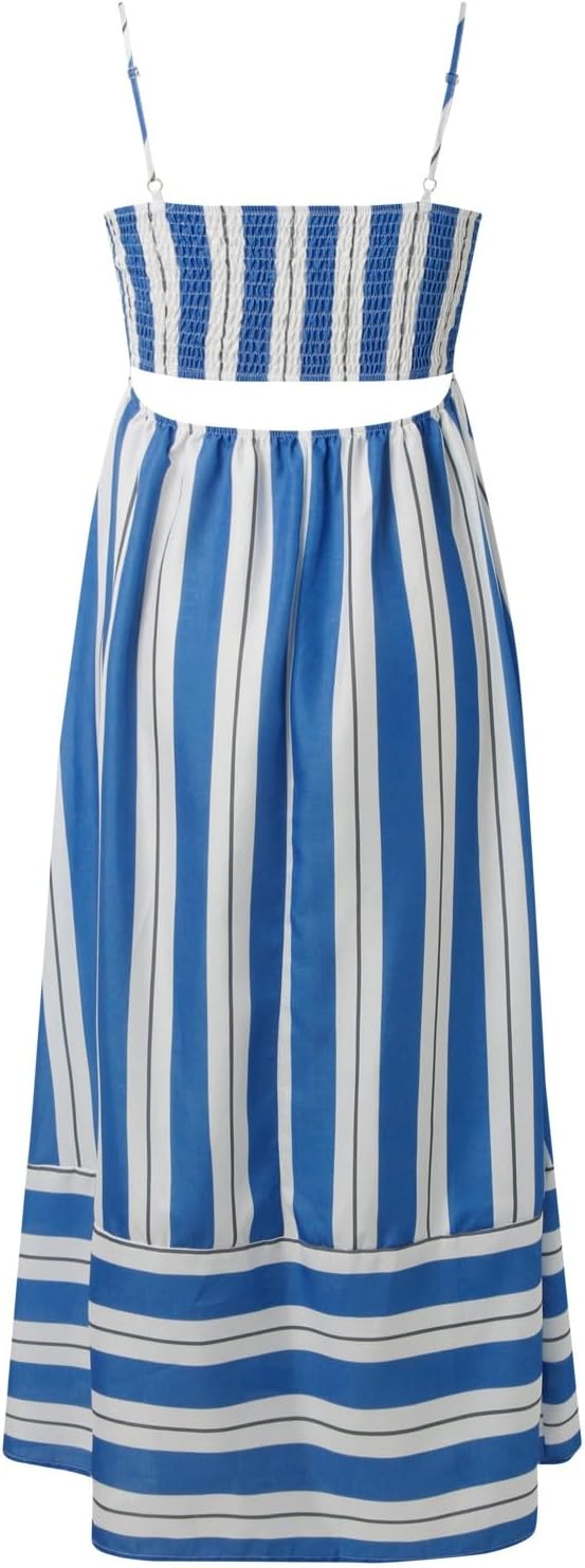 Beach Dresses for Women Summer Striped Back Smocked Maxi Dress Spaghetti Strap Cut Out Flowy A Line Long Sundresses
