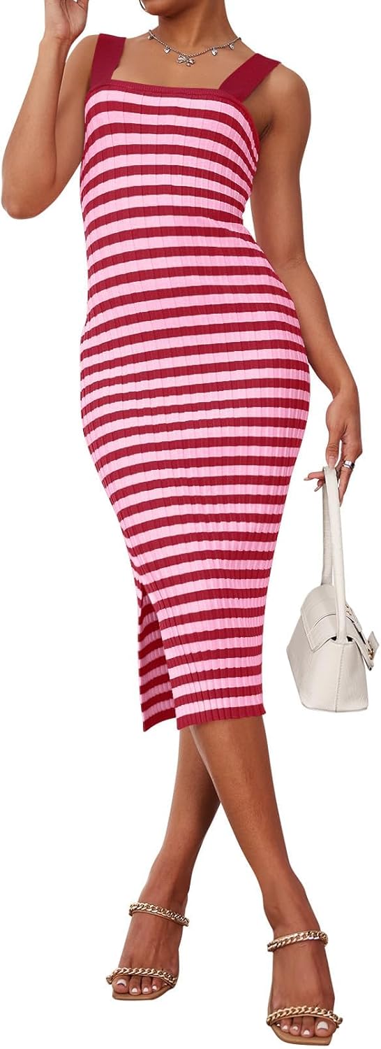 MEROKEETY Women's 2025 Summer Spring Bodycon Midi Dress Vacation Sleeveless Ribbed Knit Striped Party Sweater Dresses