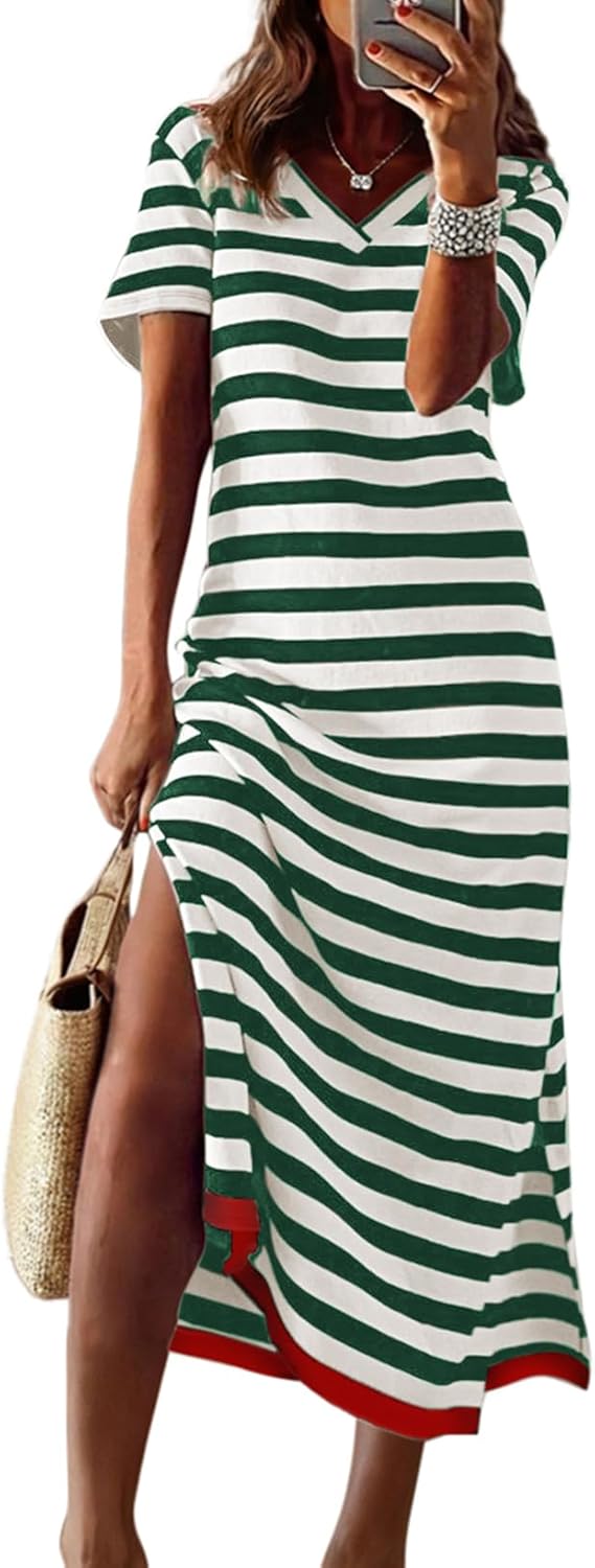 Dokotoo Summer Dress Casual Womens Fashion Short Sleeve Maxi Dress T Shirt Dress Striped Long Color Block Maxi Dress