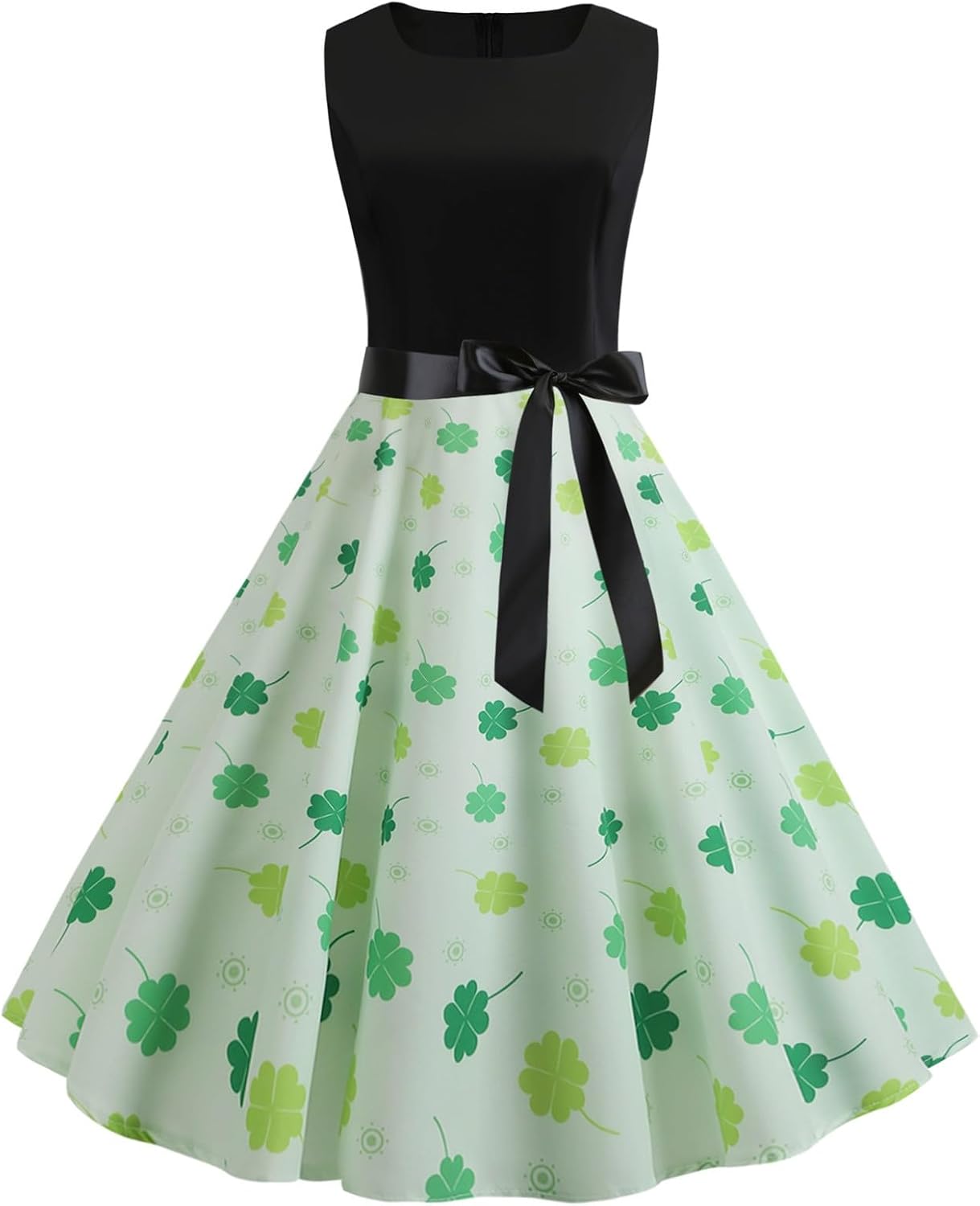 aihihe St Patricks Day Dress for Women A Line Pleated Hepburn Dress Lukcy Shamrock Print Irish Dress 2024 Vintage Dress