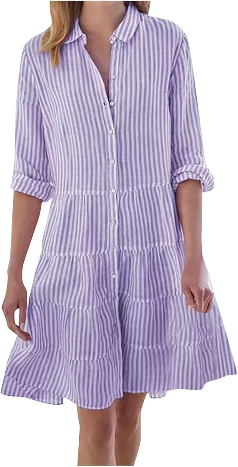 Button Down Dress for Women Summer Casual Striped Long Sleeve V Neck Lapel Dresses Loose Ruched Party Midi Dress 2025