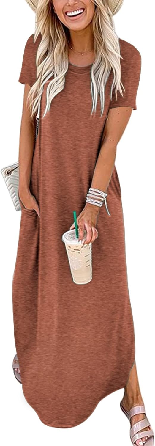 ANRABESS Women's Summer Casual Loose Short Sleeve Long T Shirt Dress Split Maxi Beach Sundress Travel Vacation Outfits