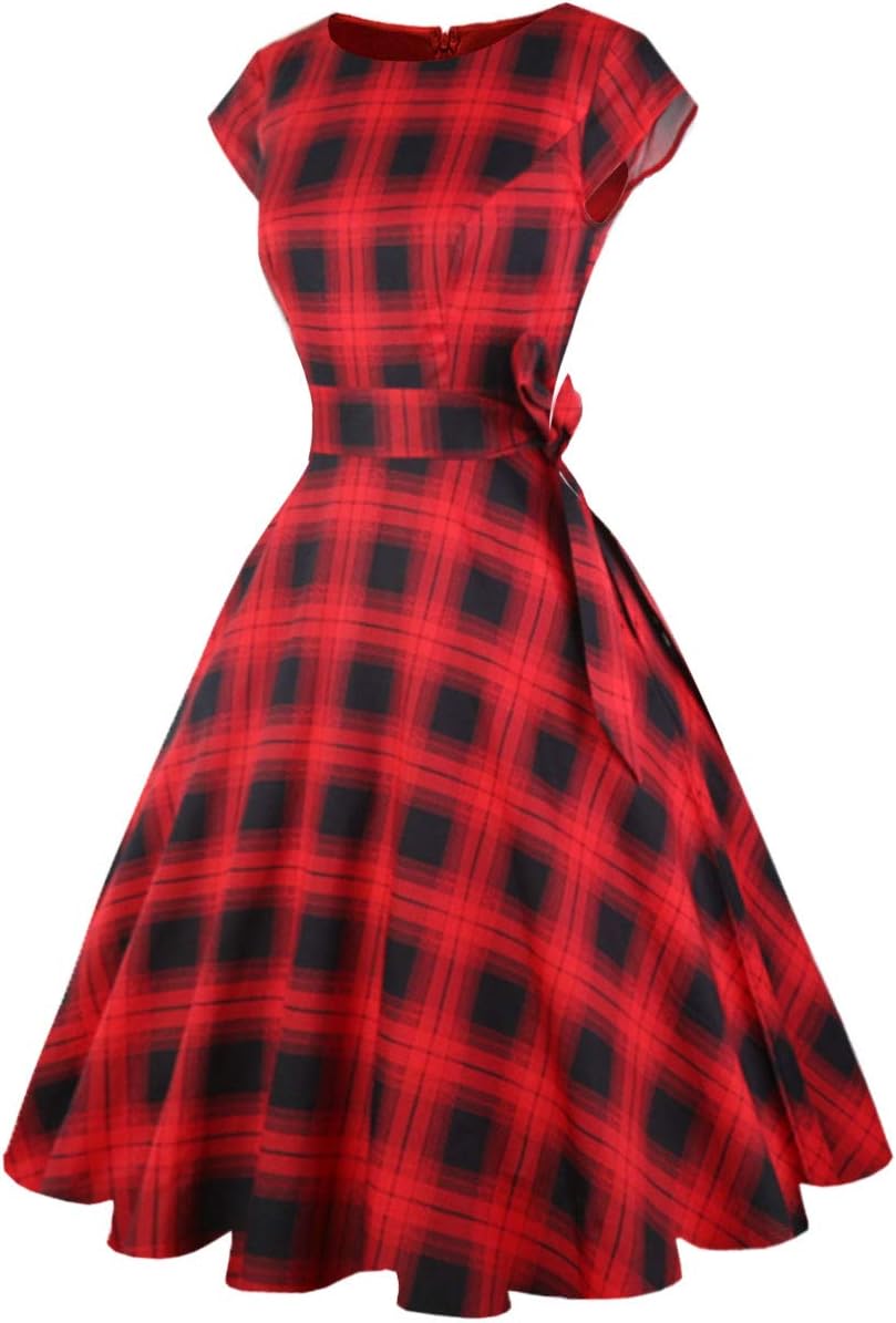 PUKAVT Women's 1950 Boatneck Cap Sleeve Vintage Swing Cocktail Party Dress with Pockets