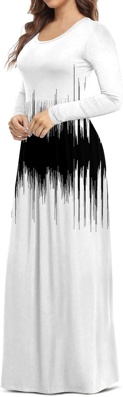 Long Sleeve Maxi Dress for Women Elegant Crew Neck Flowy Swing Dresses Solid Color Wedding Guest Dresses