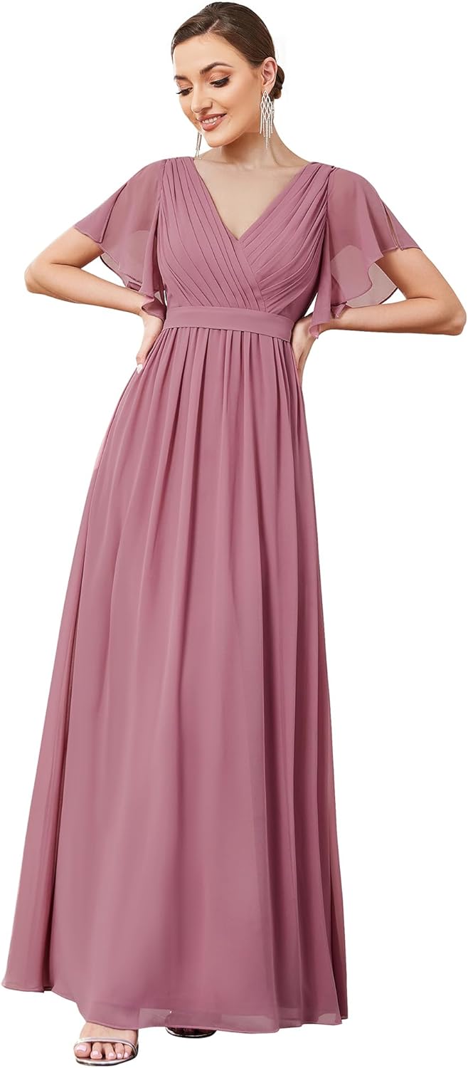 Ever-Pretty Women's Bridesmaid Dress V-Neck Ruffle Sleeves Ruched Bust Floor Length Chiffon Formal Dresses 0164A