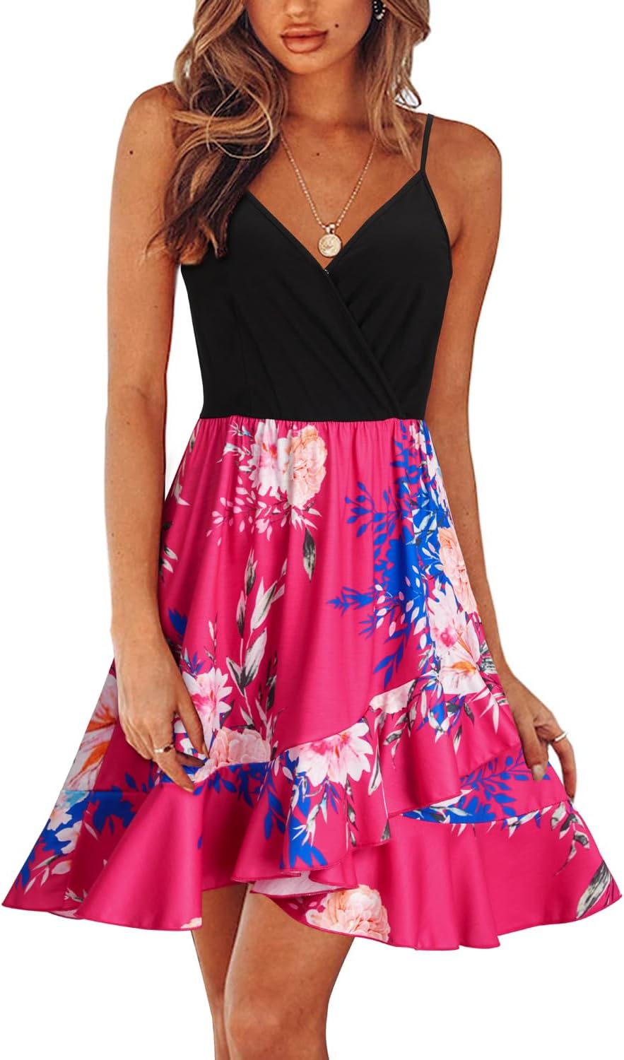 ULTRANICE Womens Summer Dresses Floral V Neck Ruffled Hem Spaghetti Spring Casual Beach Outfits Flowy Wrap Sun Dress