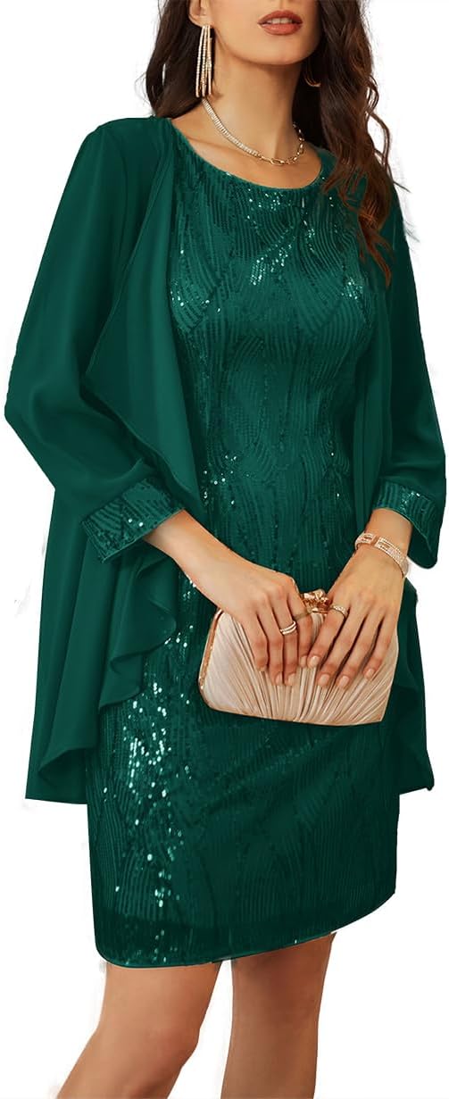 GRACE KARIN Sequin Dress for Women Knee Length Mother of the Bride Dresses Formal Dress Two Piece Dress with Chiffon Jacket