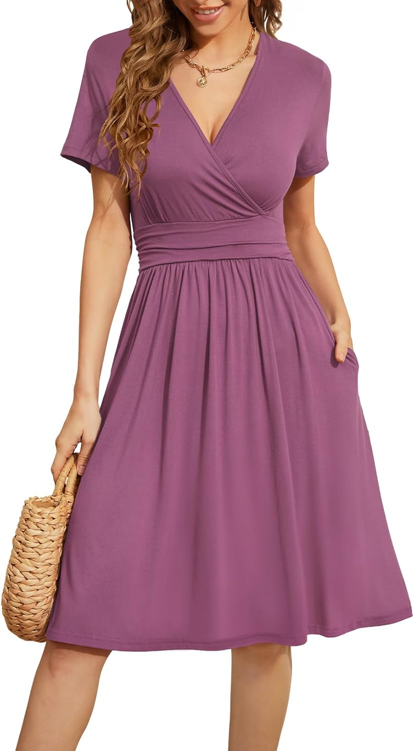WEACZZY Women's Summer Short Sleeve Casual Dresses V-Neck Floral Party Dress with Pockets