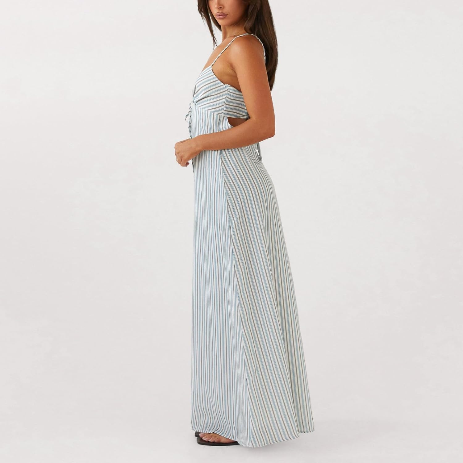 Luckinbaby Women Y2k Spaghetti Strap Maxi Dress V Neck Tie Front Cutout Long Cami Dress Backless Party Wedding Dress