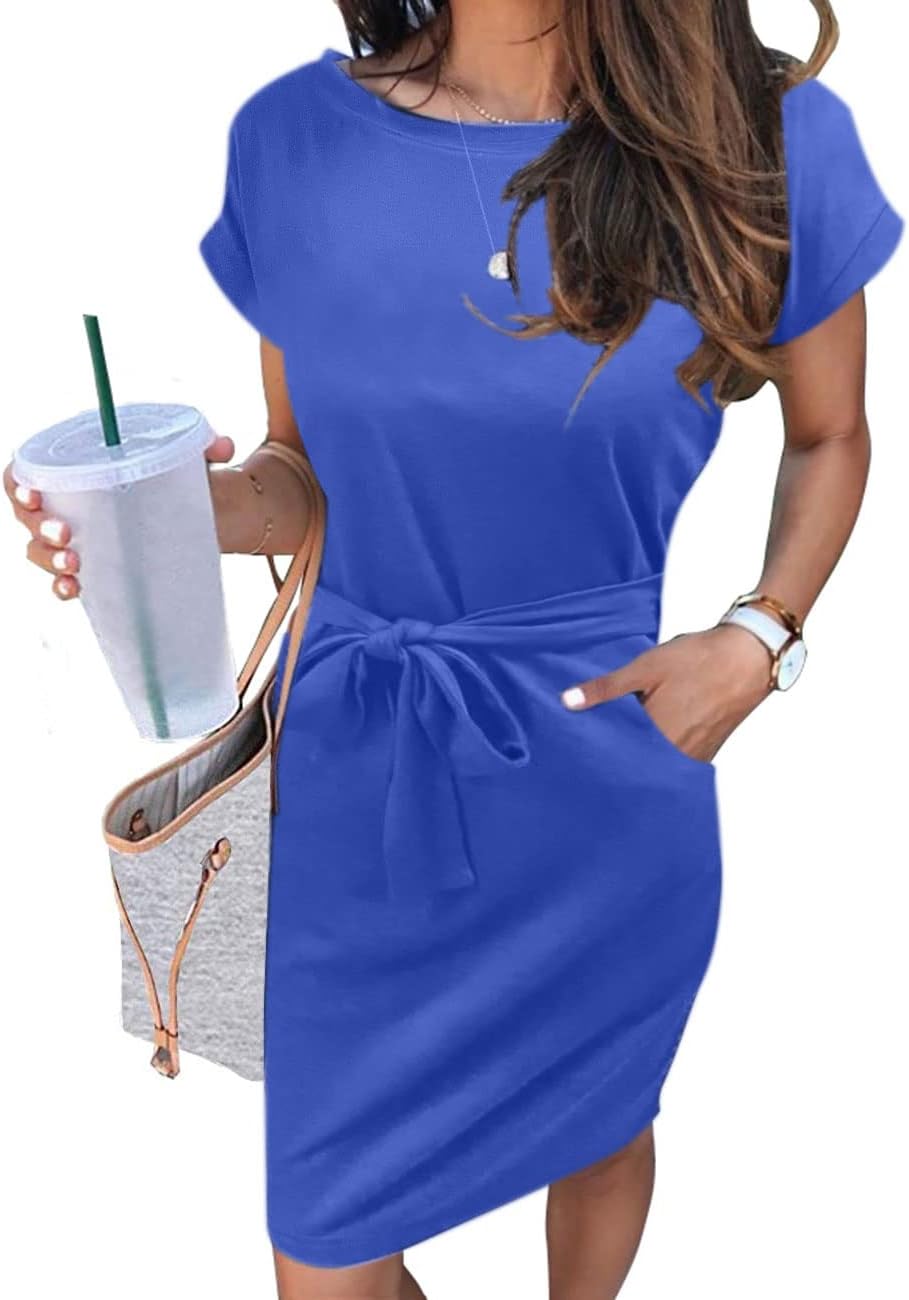 MEROKEETY Women's Summer Striped Short Sleeve T Shirt Dress Casual Tie Waist with Pockets